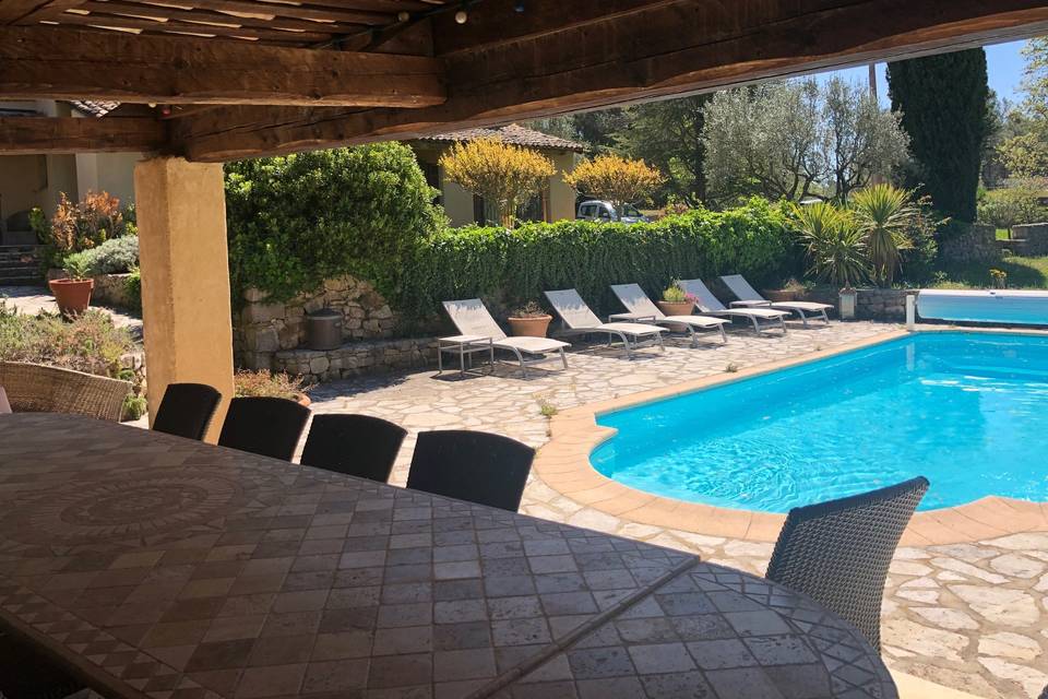 La terrasse ombragée au bord de la piscine